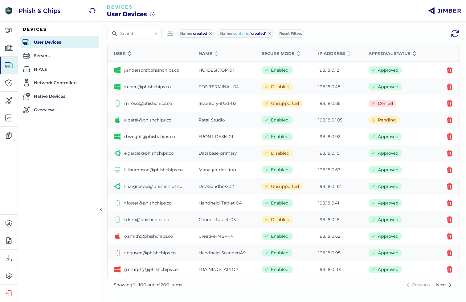 Jimber platform User Devices dashboard showing device security and approval status